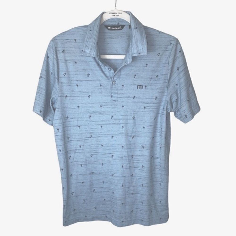 Travis Mathew Men Sz Med Blue Palm Tree Design Cotton Pull Over Golf Casual Polo